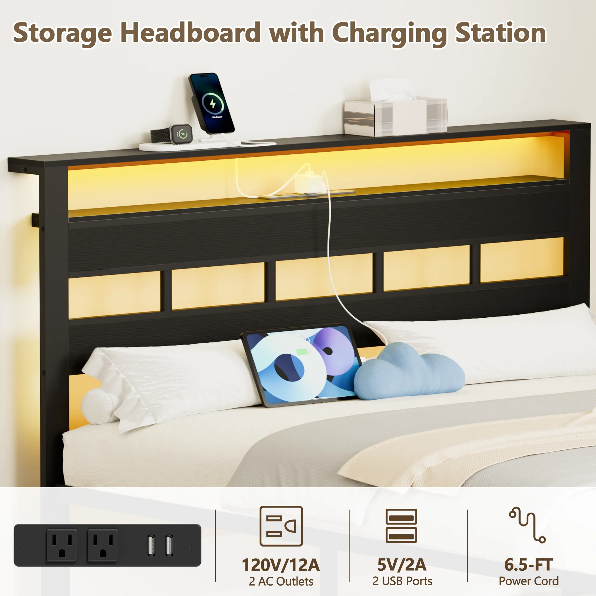Satifur Full/Queen Size Bed Frame with LED Light and Charging Station, Wood Storage Headboard with 2-Tier Shelves,Metal Platform image 3
