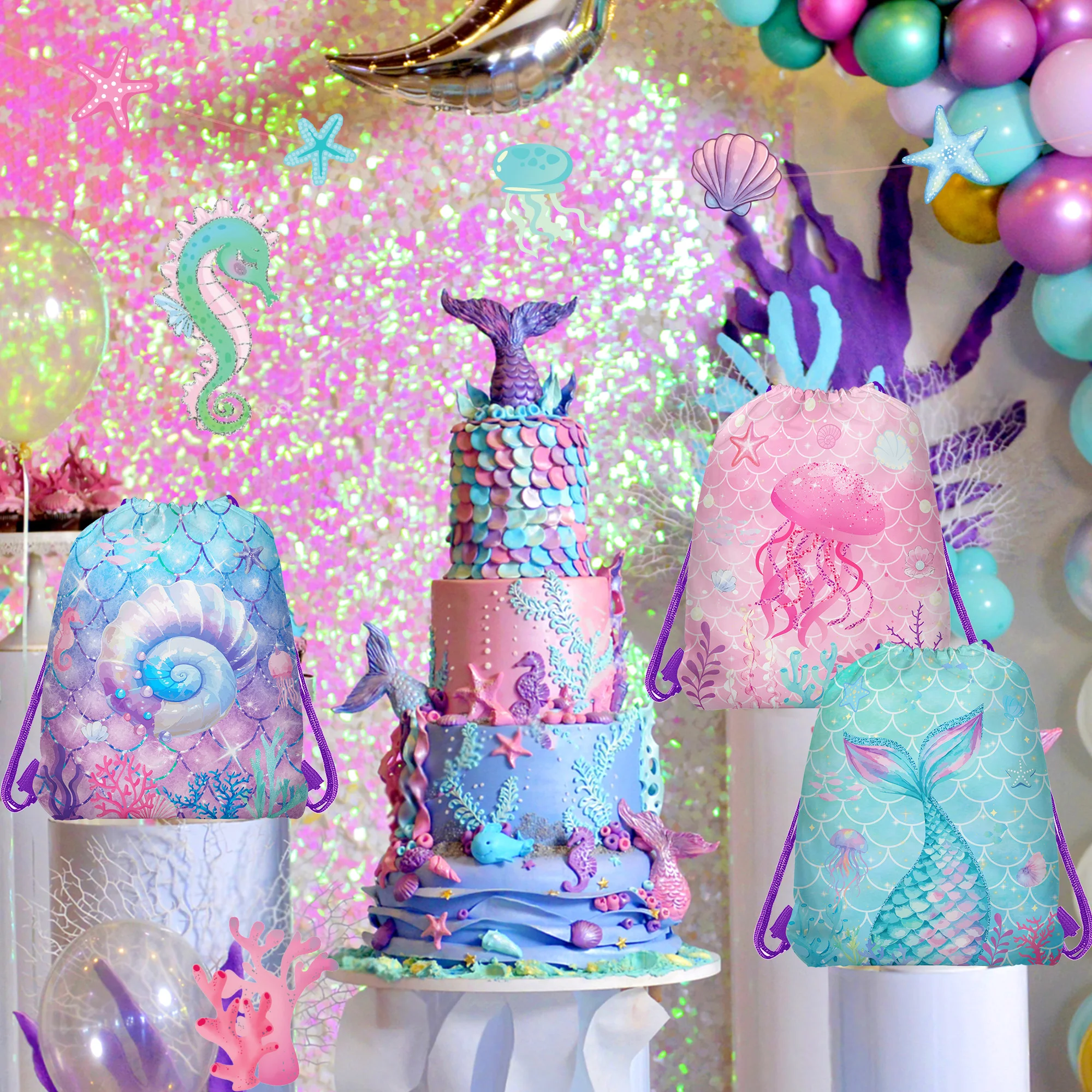 10 قطعة حورية البحر يونيكورن حالمة قزم التخييم في الهواء الطلق غير المنسوجة شنطة هدايا الرباط على ظهره الاطفال حفلة عيد ميلاد التعبئة أكياس التخزين #5