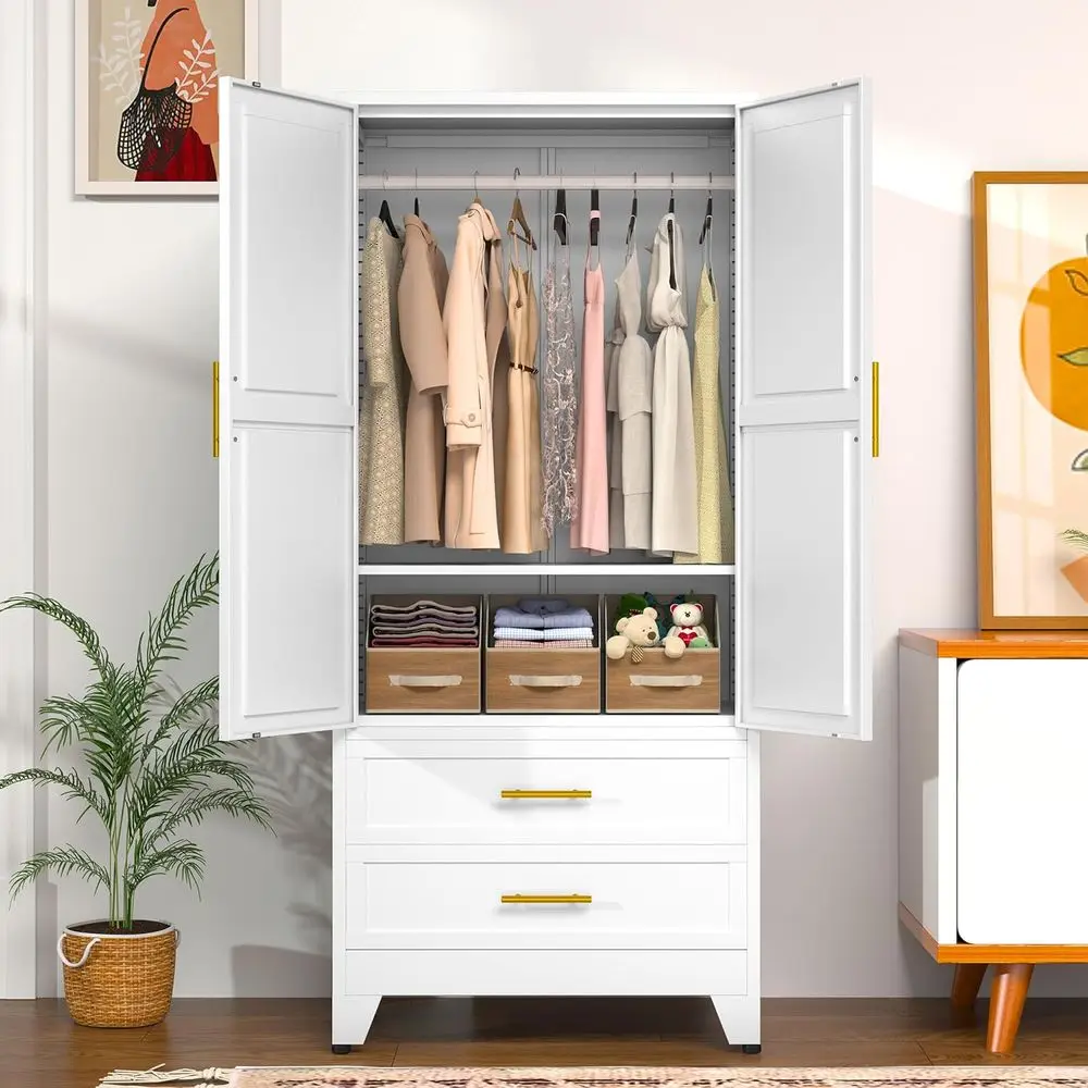 Metal Wardrobe Cabinet with Hanging Rod, Clothing Storage Cabinet with 2 Doors, 1 Adjustable Shelf and 2 Drawers, 71 Steel Armoi