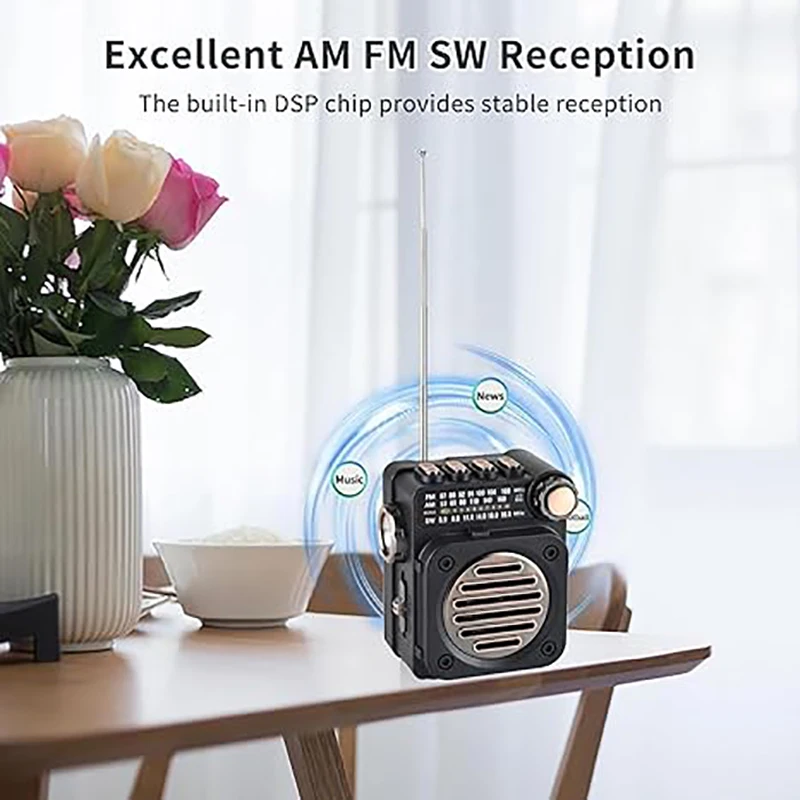 MINI FM Radio Pocket FM AM SW Radios Receiver Built-in Speaker Wireless Bluetooth 5.0 Music Player with LED Flashlight