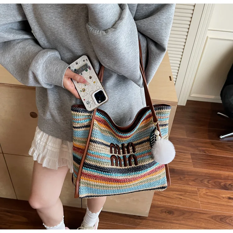 Tas Tote Tenun Pelangi Baru 2025-Tas Bahu Pantai Bohemian dengan Tali Dapat Disesuaikan, Dompet Liburan Kapasitas Besar