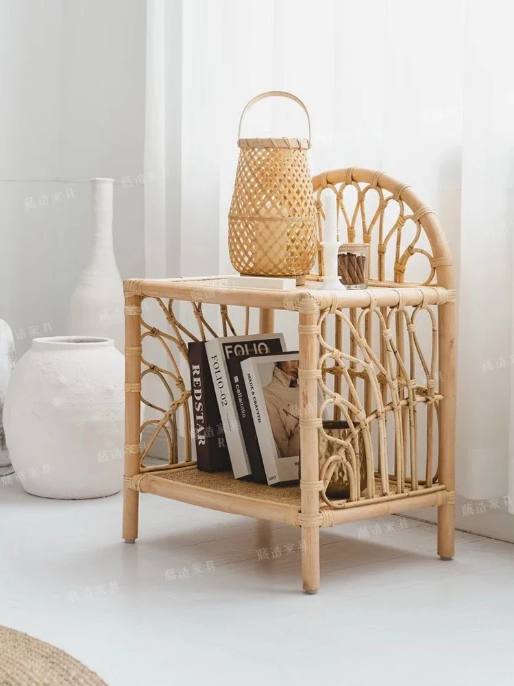 Small storage cabinet rattan woven Japanese style handmade small edge cabinet, natural wood color bedside cabinet