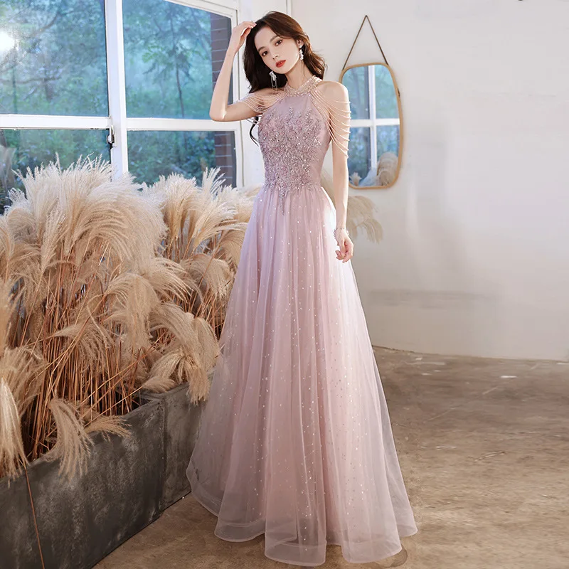 Pink evening dress new style temperament dinner party host long dress