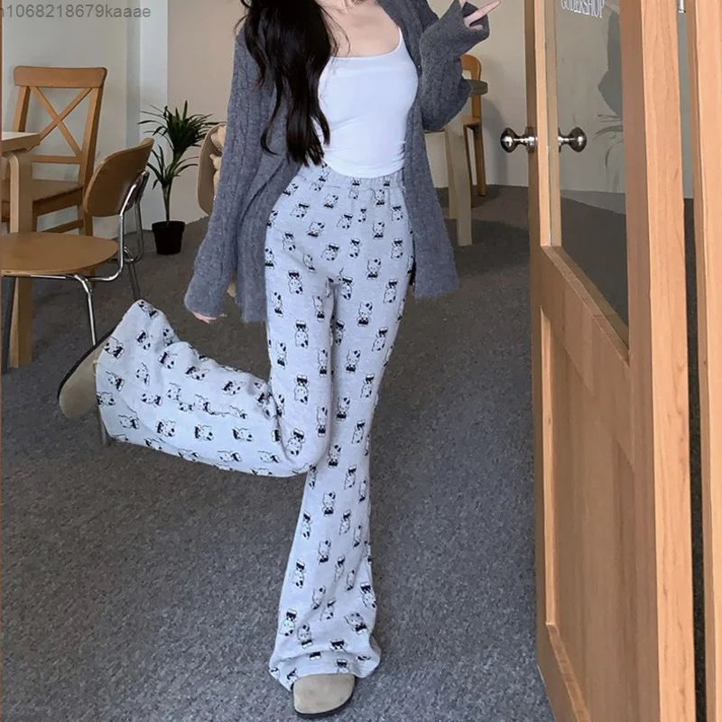 Sanrio Hello Kitty Full Print Loose Casual Pants Women's Spring Autumn Cute Micro Flared Pants Korean Wide Leg Sports Trousers