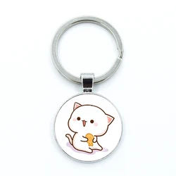Net Red Cute Couple Mitao Cat  Glass Keychain Net Red Cute Couple Peach Cat Pendant Charm Keyring Jewelry Gifts