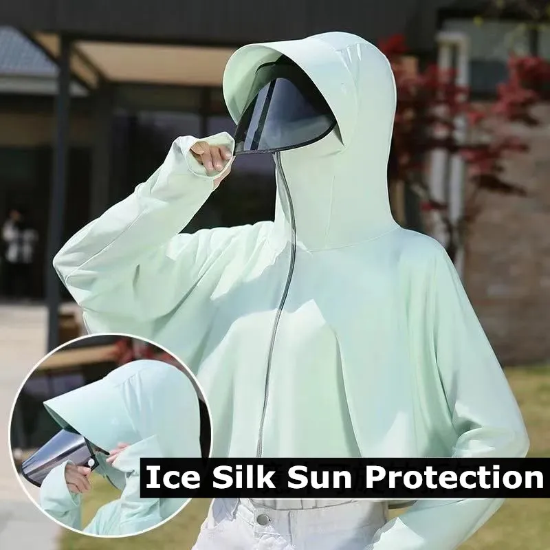 Sunscreen Clothing Cloak Women Summer Ice Silk Hooded UV Sun Protection Clothes Outdoor Cycling Fishing Sunscreen Shirt One Size