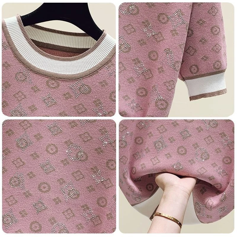 2023 Lente Zomer Vrouwen Trui Mode Korte Mouw Trui Vrouwelijke Gebreide Glitter Stenen T-shirt Femme Vintage Slanke Zomer Tops