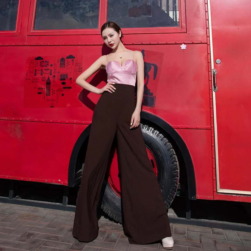 ฤดูร้อนใหม่ Retro เซ็กซี่ Conjoined ผู้หญิง Low Cut Splicing Elegant Flared ยาวกางเกงขากว้าง Slim Jumpsuit