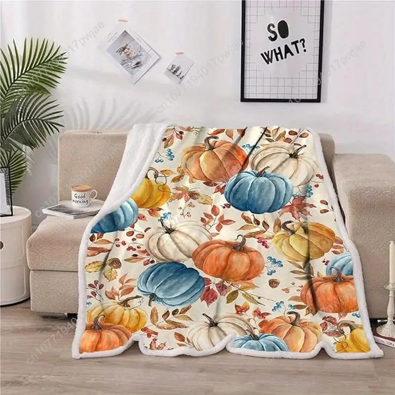 Fall Pumpkins Throw Blanket, Autumn Orange White Blue Pumpkins Leaves and Berries Soft Warm Fleece Custom blankets