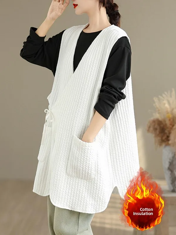 الرجعية خفيفة الوزن الصينية خياطة القطن سترة كبيرة الحجم المرأة V-Ne مربوط غير المتكافئة oulder أعلى الخريف الشتاء #3
