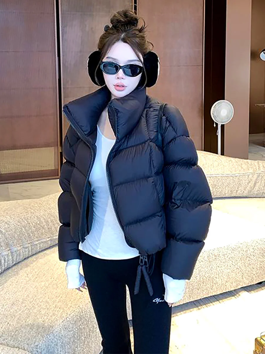 

Черная короткая пуховая куртка для женщин, свободного кроя, с воротником-стойкой, зимняя теплая повседневная модная куртка с эффектом похудения