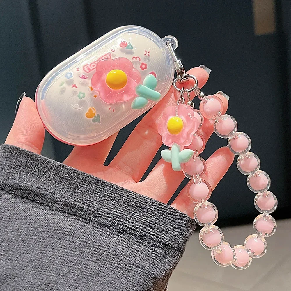 Korean 3D Flowers Floral Earphone Case For Samsung Galaxy Buds Plus Buds+ BudsPlus Soft Transparent Case With Beads Bracelet