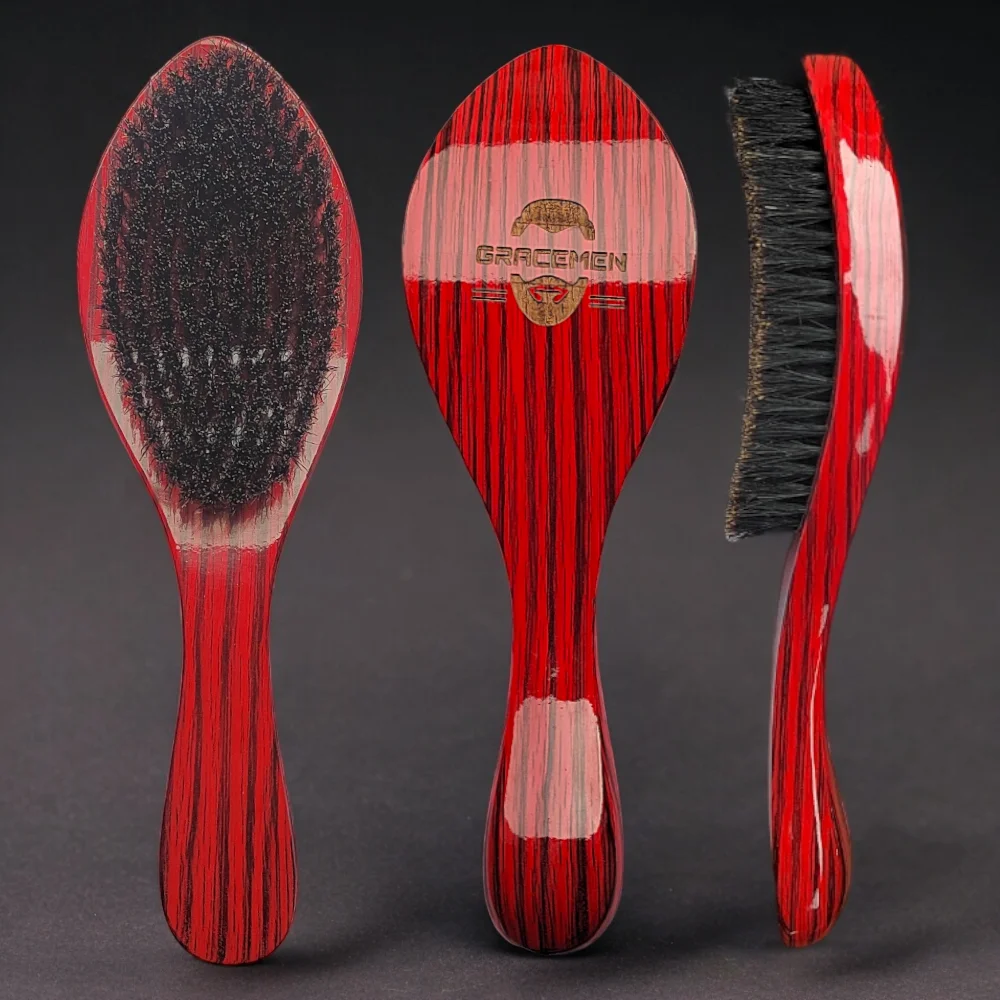 Gracemen 360° Wave Brush for Men Premium Curved Medium Soft 100% Boar Bristle Hair Brush Red Finish Wooden Handle Beard Brush