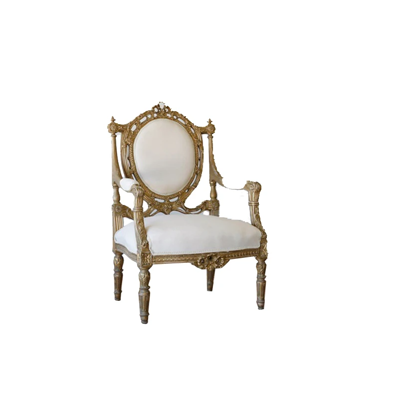 

French antique carved old solid wood sofa, photo studio single sofa, gold Louis style dining chair, photography chair