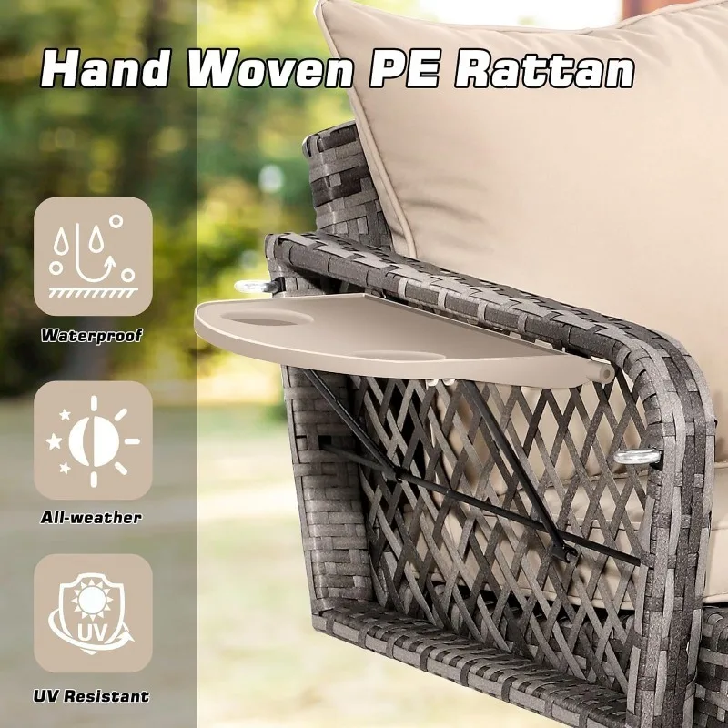 Outdoor Rattan Swing Bench com Almofada e Travesseiro, Wicker Hanging Porch Swing Chair, Pátio Bench, 3 pessoas