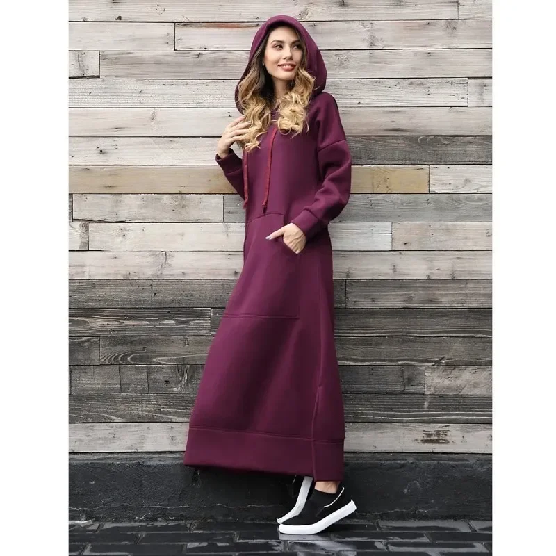 Women Dresses Autumn Winter Hoodies Hooded Ankle-Length Big Pocket Sweater Dress Long Sleeved Casual Loose Elegant Lady Vestidos