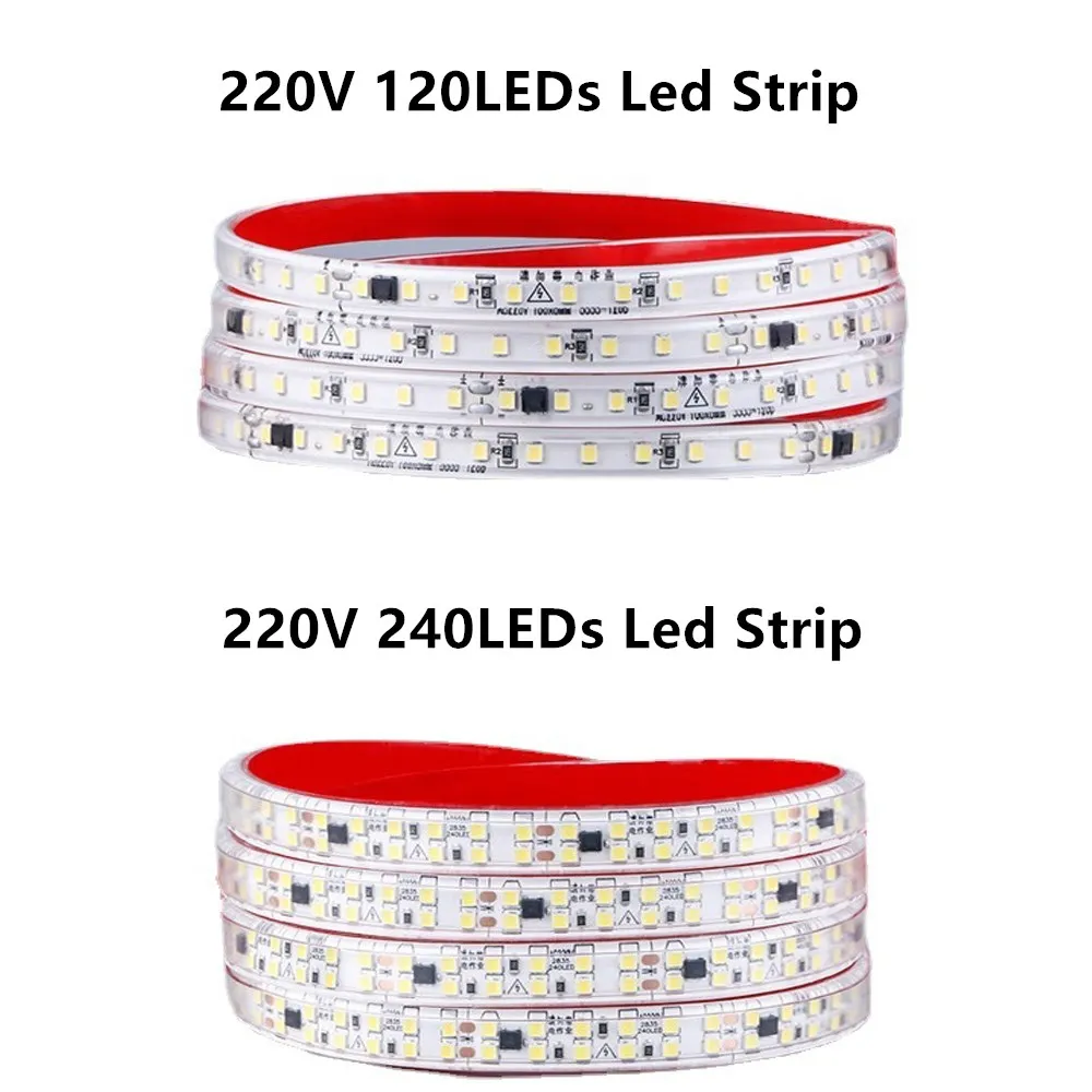 AC Led Strip Lights 220V 2835 120/240 LEDs/M 1M-100M IP67 Waterproof Outdoor Led Strip 220V High Brightness Diode Tape Adhesive