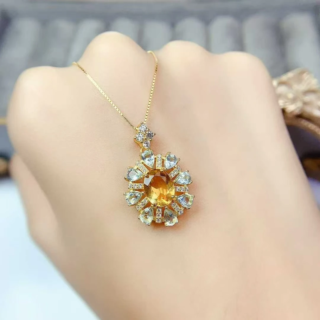Sparkling 925 Silver Gemstone Pendant 7mm*9mm Natural Citrine Pendant Real Sterling Silver Citrine Silver Jewelry