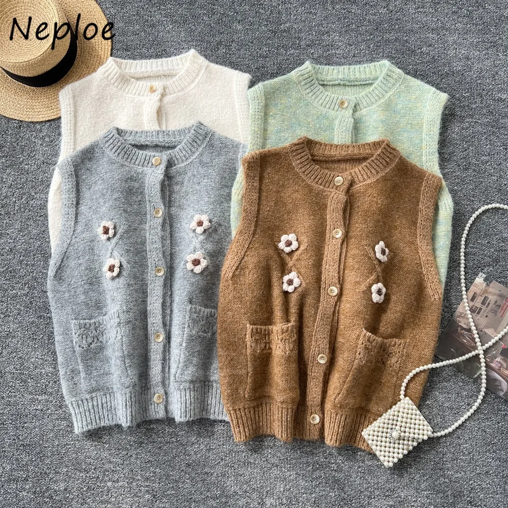 Neploe Sweet Fresh Minority Single Breasted Women Vests All-match 3D Flower Knit Coat Cardigan Fold Through Pockets Clothing