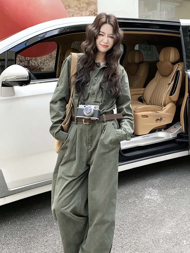 レトロなワークウェアジャンプスーツワイドレッグパンツセット レディース 春秋ファッショナブルなスリーブレスロングパンツ ハイウエストベルト