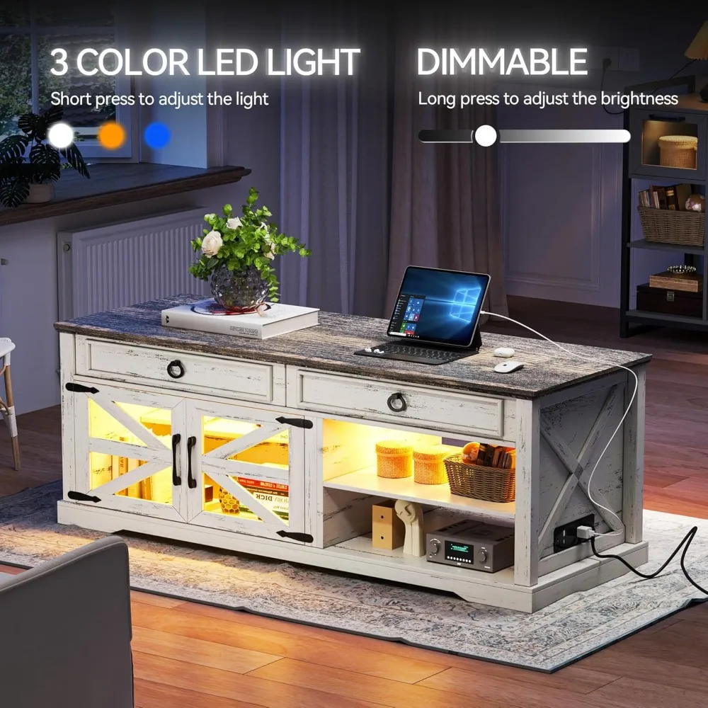 Table basse élévatrice de ferme avec lumières LED et station de charge, table centrale de salon, 2 compartiments de rangement cachés, 48 po