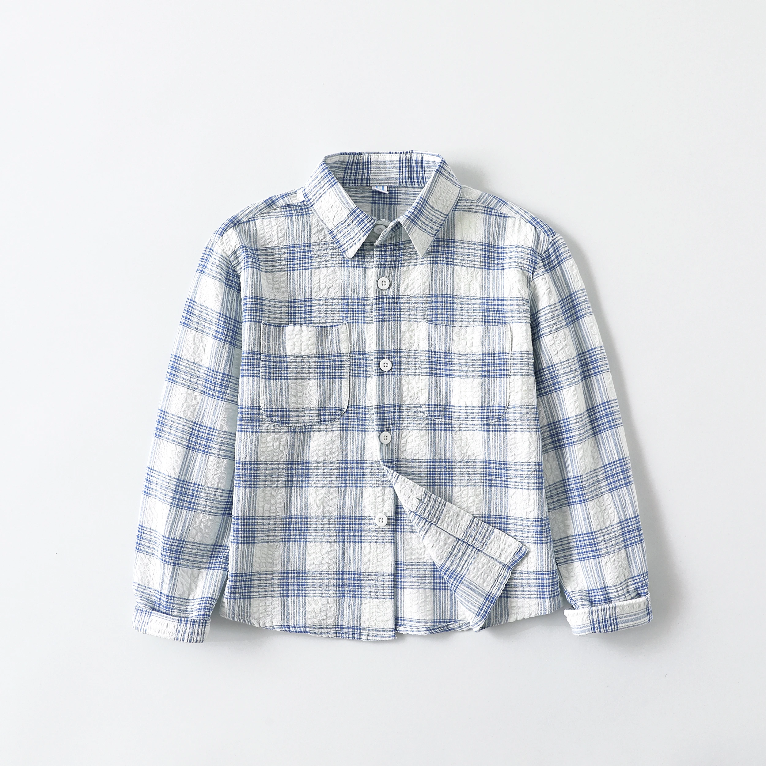 

Boys Seersucker Blue Plaid Long Sleeve Shirts Pure Cotton Summer Lightweight Blouse Loose Shirt Coat for Fashion Kids 3-14 Years