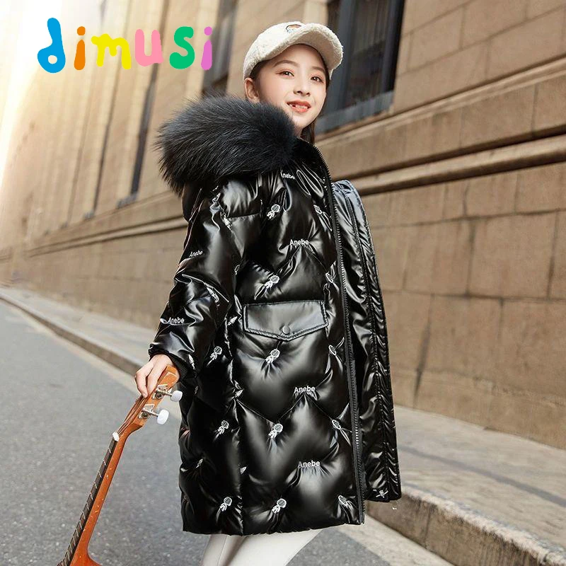 DIMUSI Winter Children Down Coats Girls Mid-Long Cotton Warm Jacket Fashion Kids Fur Collar Thermal Padded Coats Clothing 16Y