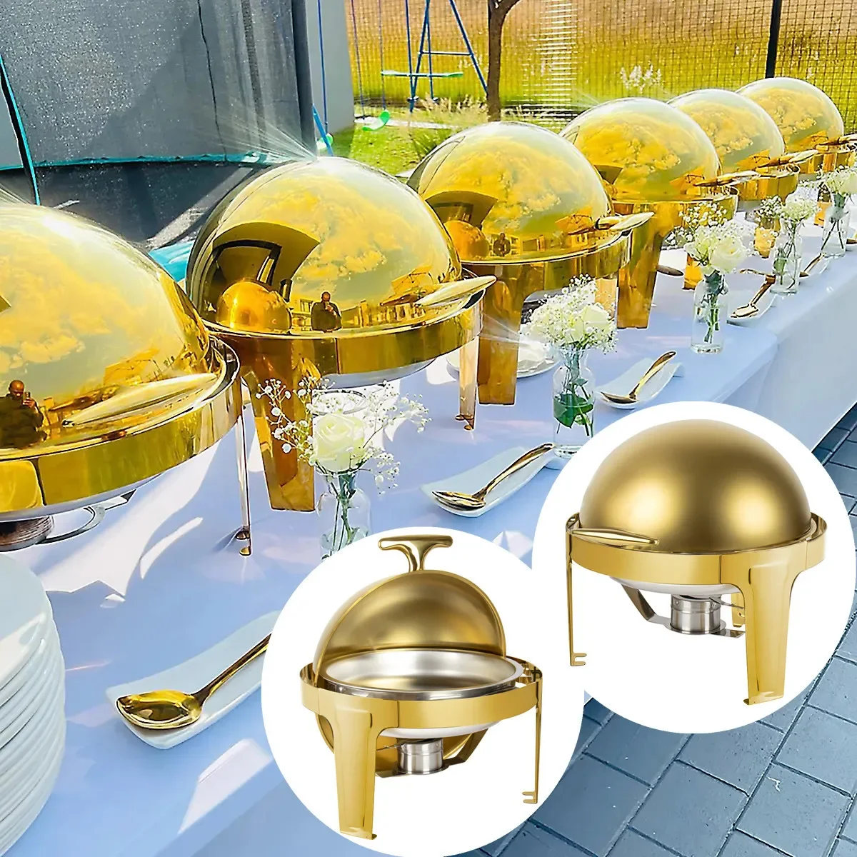6L Round Roll Top Restaurant Chafing Dishes Thermal Food Warmer Stainless Steel Round Hanging Lid Alcohol Pot Food Storage