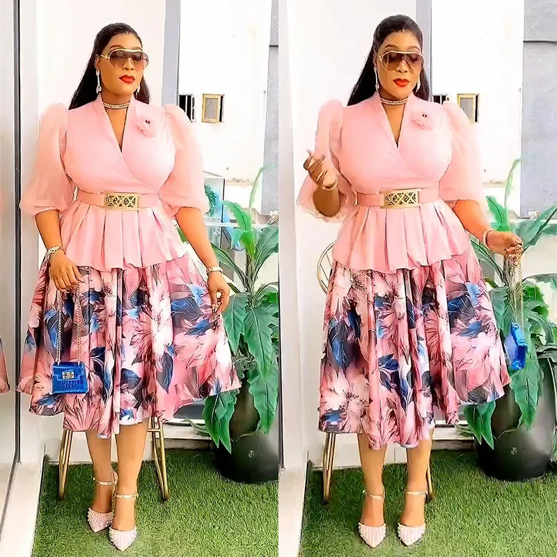 

Dashiki African Clothes for Women Summer Elegant African Half Sleeve Polyester Print Top Long Skirt Matching Sets Outfits L-3XL