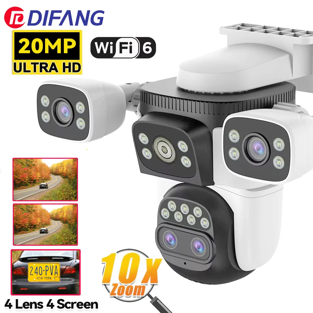 

10K Four Screen WiFi Camera 20MP Four Lens Wireless Network Camera 10X Zoom PTZ 360 Home Surveillance External IP CCTV Cam