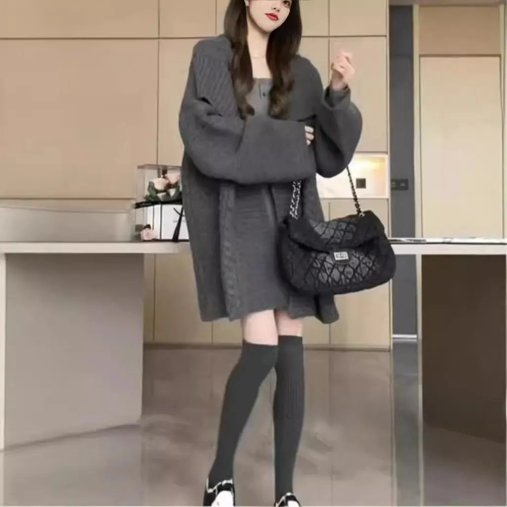 

Women's Retro Japanese Style Knitted Cardigan Sweater Loose Mid-length Lazy Style Autumn Winter High-end Fashion Coat