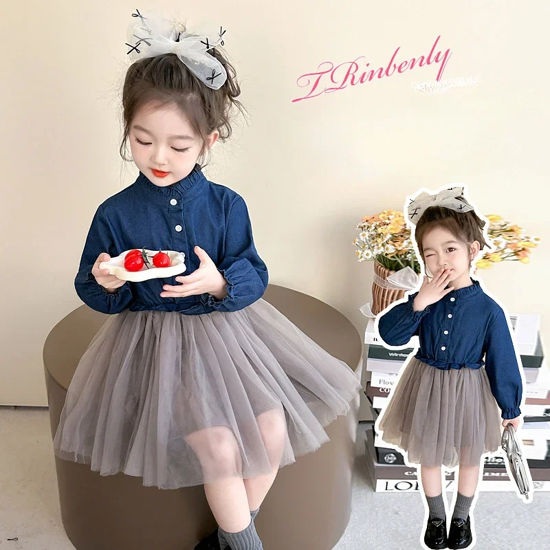 Girls' Dress Spring 2025 New Little Girl Fashion Denim Mesh Splicing Long Sleeve Princess Dress  Ropa De Niña   Girl Clothes