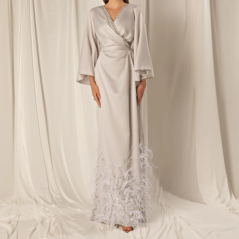 

Delicate Feathers Crystal Jersey Straight Evening Dress Luxury Floor Length 3/4 Sleeves V-Neckvestidos de fiesta