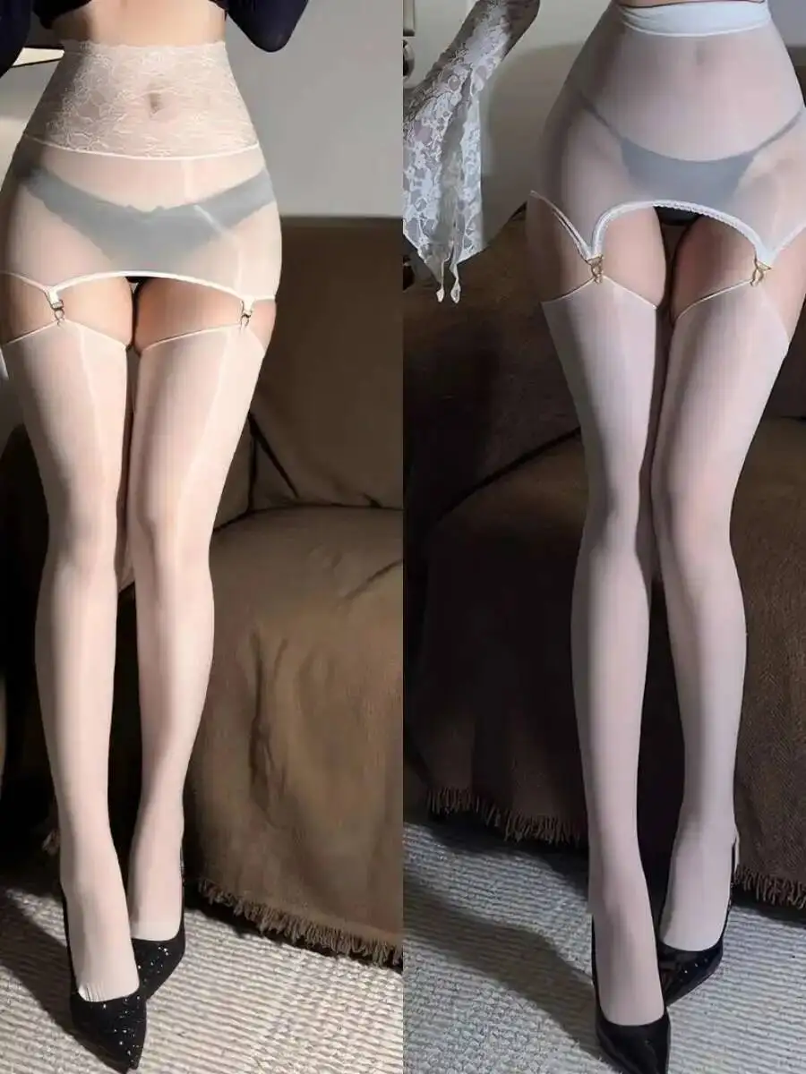 جوارب بحمالات مزيتة من الدانتيل الأسود مع لمسة رومانسية وزيت الحصان فوق الركبة جوارب حريرية سوداء لامعة ناعمة حلوة N6FG