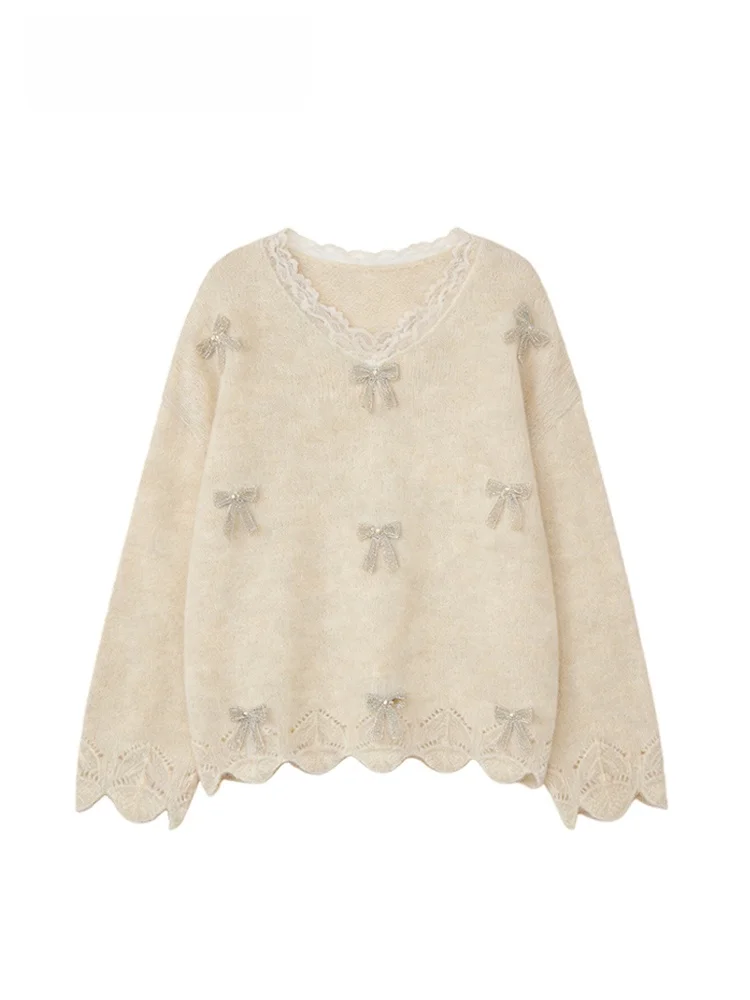 

plus Size Lace V-Ne Long Sve Sweater Women Casual Sle Winter Knitted Polyester Knot Top Slimming Effect