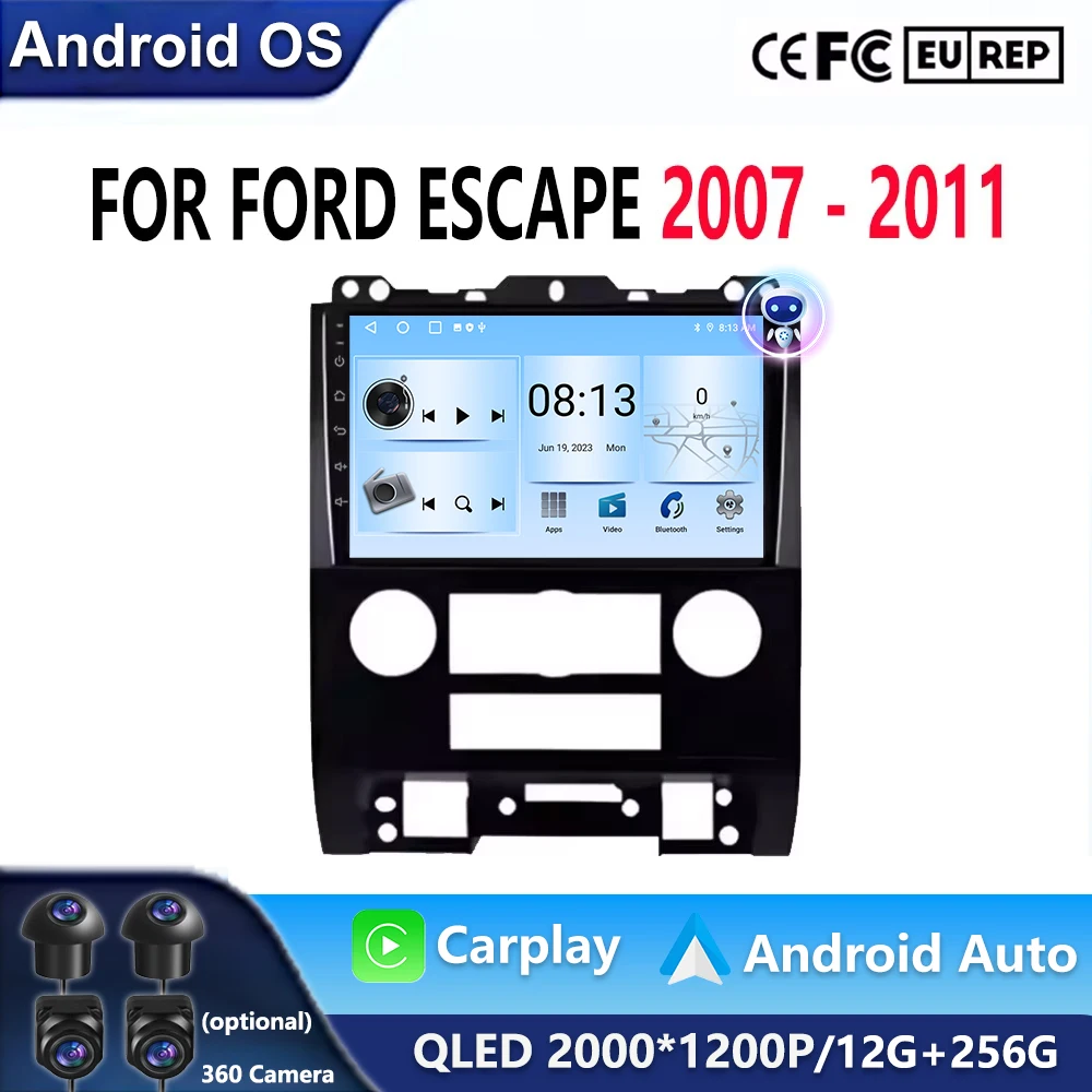 Автомобильный радиоприемник для Ford Escape 2007-2012, 9-дюймовый экран без 2Din DVD, Android 14, головное устройство, стерео GPS-навигация, мультимедийный плеер, аудио