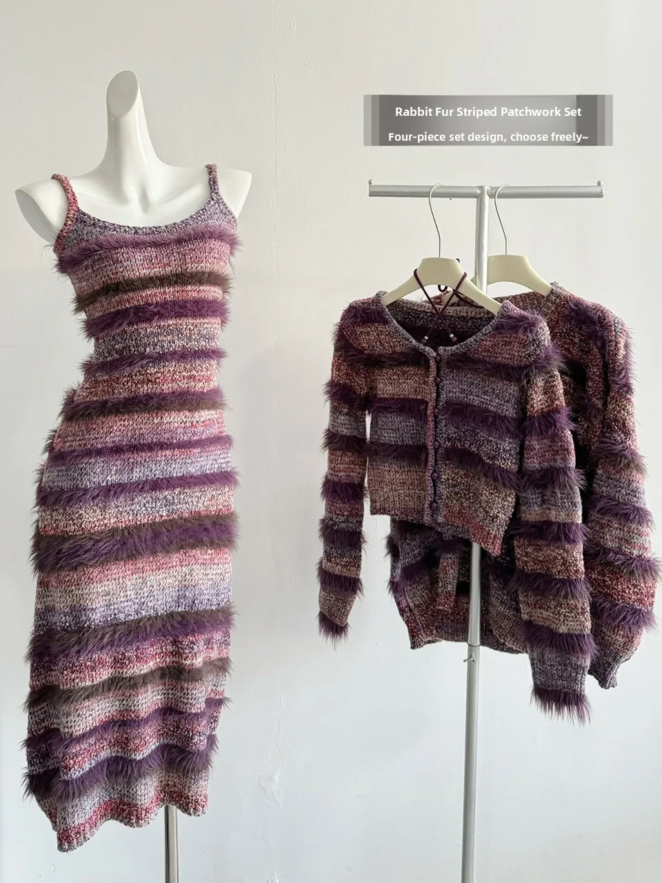 

Women's Sweet Sle Knitted Dr Tee-Piece Set Striped Open Cardigan Sweater Coat Long Sve Regular Length