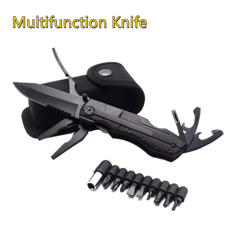 Multifunções aço inoxidável alicate dobrável, faca multi ferramenta, chave de fenda Set Bit, Outdoor Camping Survival Knife, 18 em 1