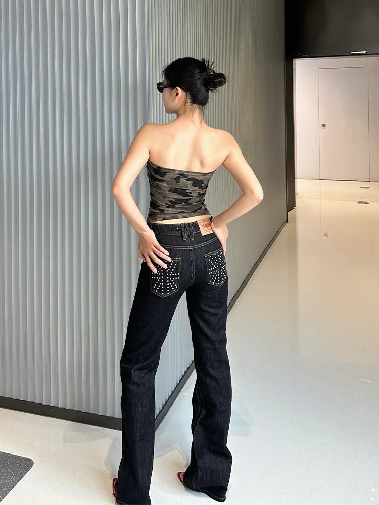 

Retro American Design Beaded Heavy Duty Straight Leg Denim Jeans Women Slimming Sexy Long Trousers Trendy Large Size