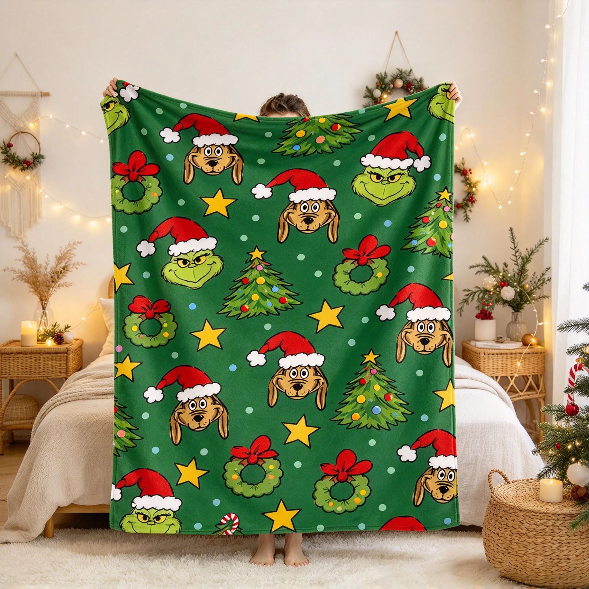 Christmas & New Year Blanket Flannel Printed Blanket for G-Grinch-S Halloween Suitable for Sofas Bedrooms Living Rooms and Beds