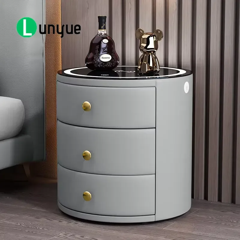 Round Luxury Smart Wooden Bedside Table with 3 Drawers Wireless Charging USB Ports Modern Nightstand for Bedroom Home