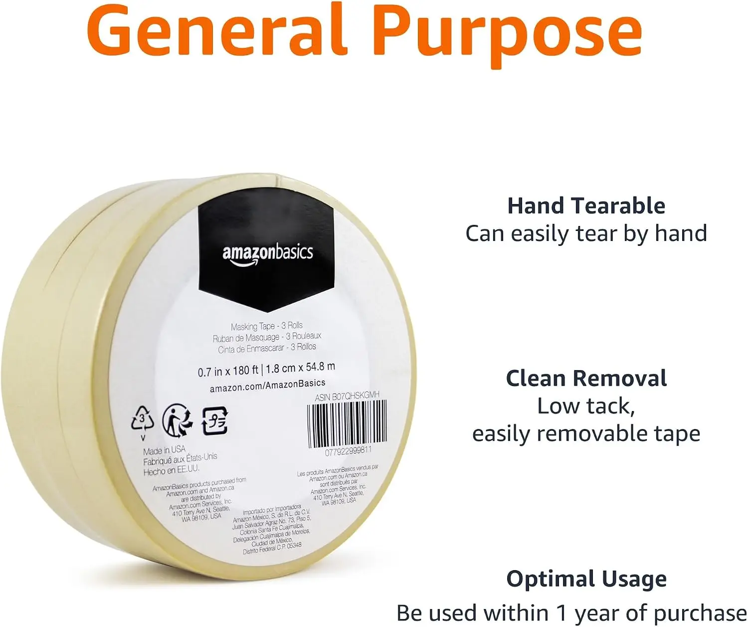 Low Tack Masking Tape for Labeling, Hand Tearable, Removes Easily, 0.7 inch x 180 feet, Beige, 3 Rolls