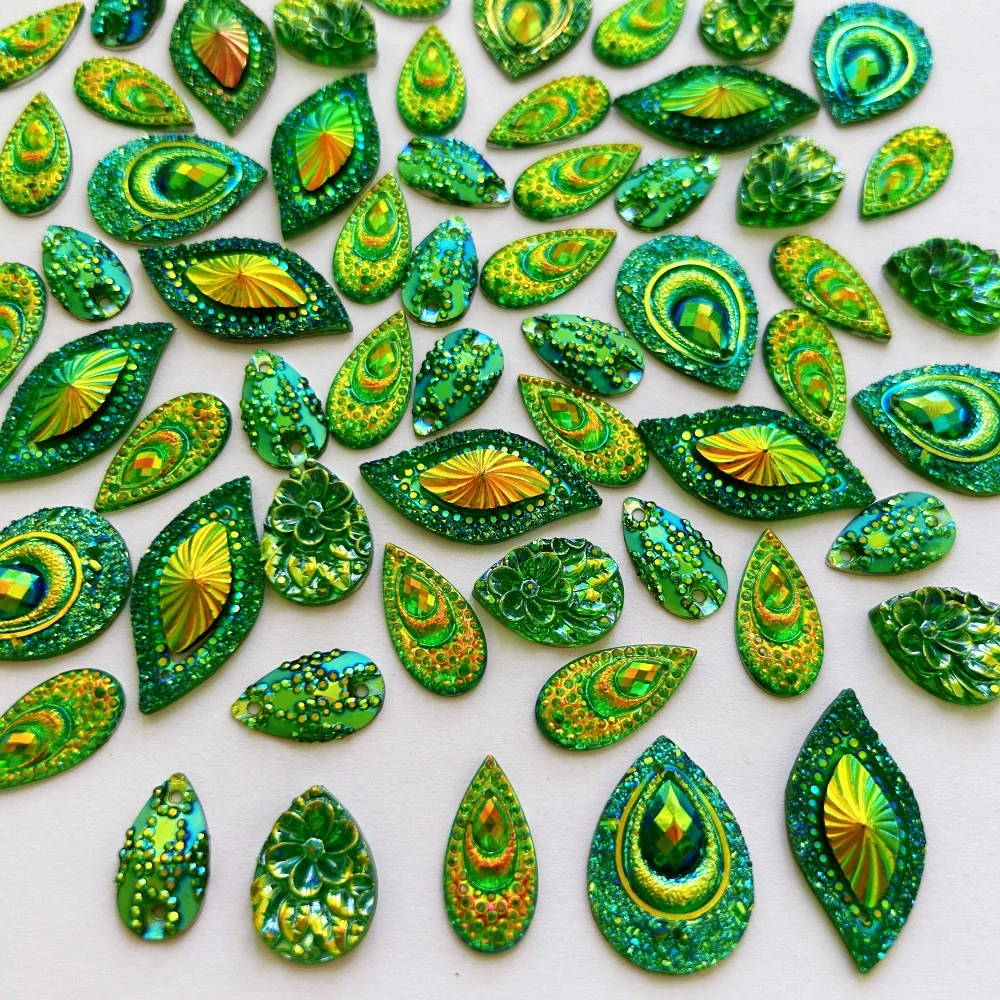 Mixed Sew on Resin Rhinestones Crystals Green Flatback Drop S shape For Sewing Accessories Diy Bags Shoes Prom Crafts Ornament