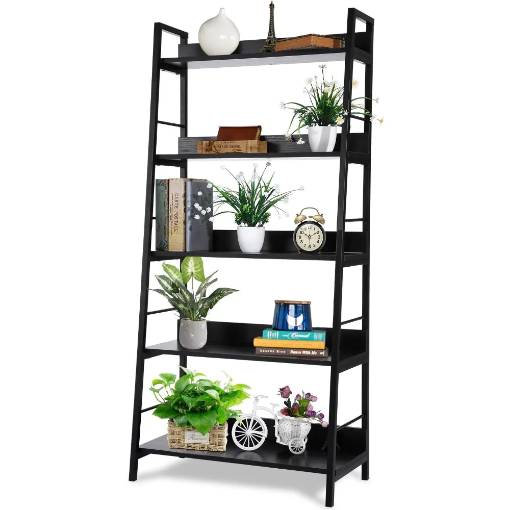 

5 Tier Ladder Shelf, Industrial Bookshelf Wood and Metal Bookcase, Plant Flower Stand Rack Book Rack Storage Shelves