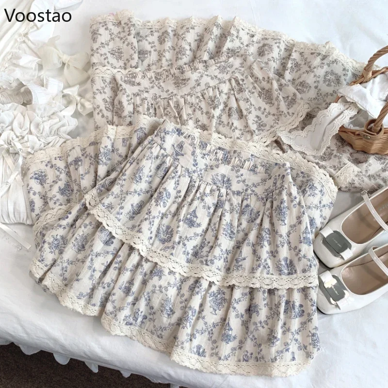 Elegant Vintage Princess Long Skirt Women Harajuku Floral Garden Print Cotton Lace Party Skirts Female Casual Cake Midi Skirt