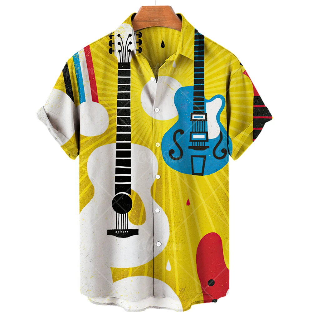 Kaus Pria Musim Panas Kaus Hawaii untuk Pria Pakaian Mode Musik Gitar Atasan Kaus Cetak Blus Longgar Kasual Camisa Pantai