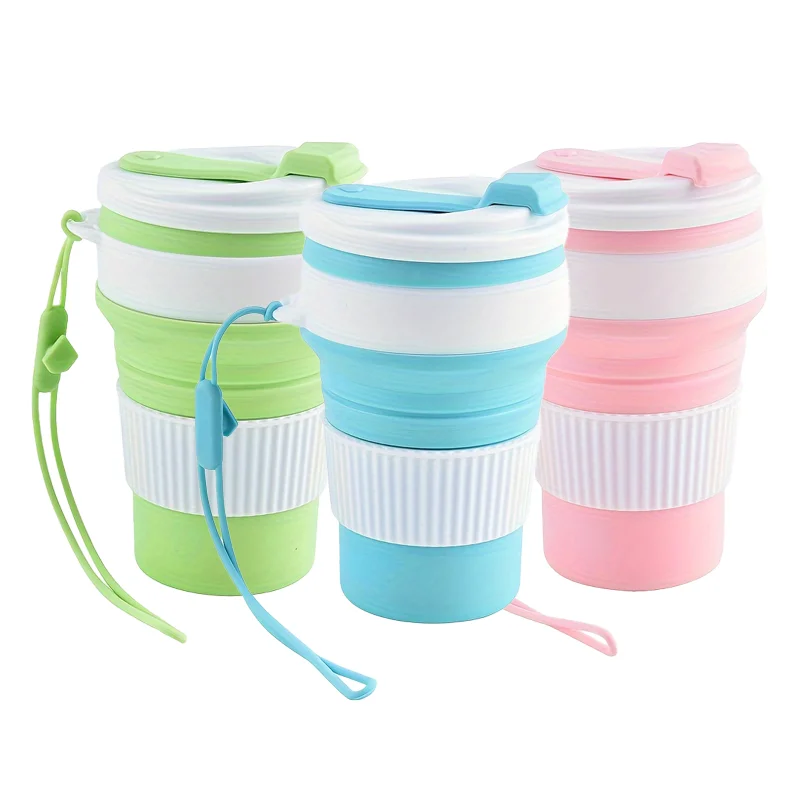 Collapsible Silicone Travel Cup, Reusable Foldable Water Cup with Lid and Lanyard, Portable Lightweight Drinking Mug for Camping