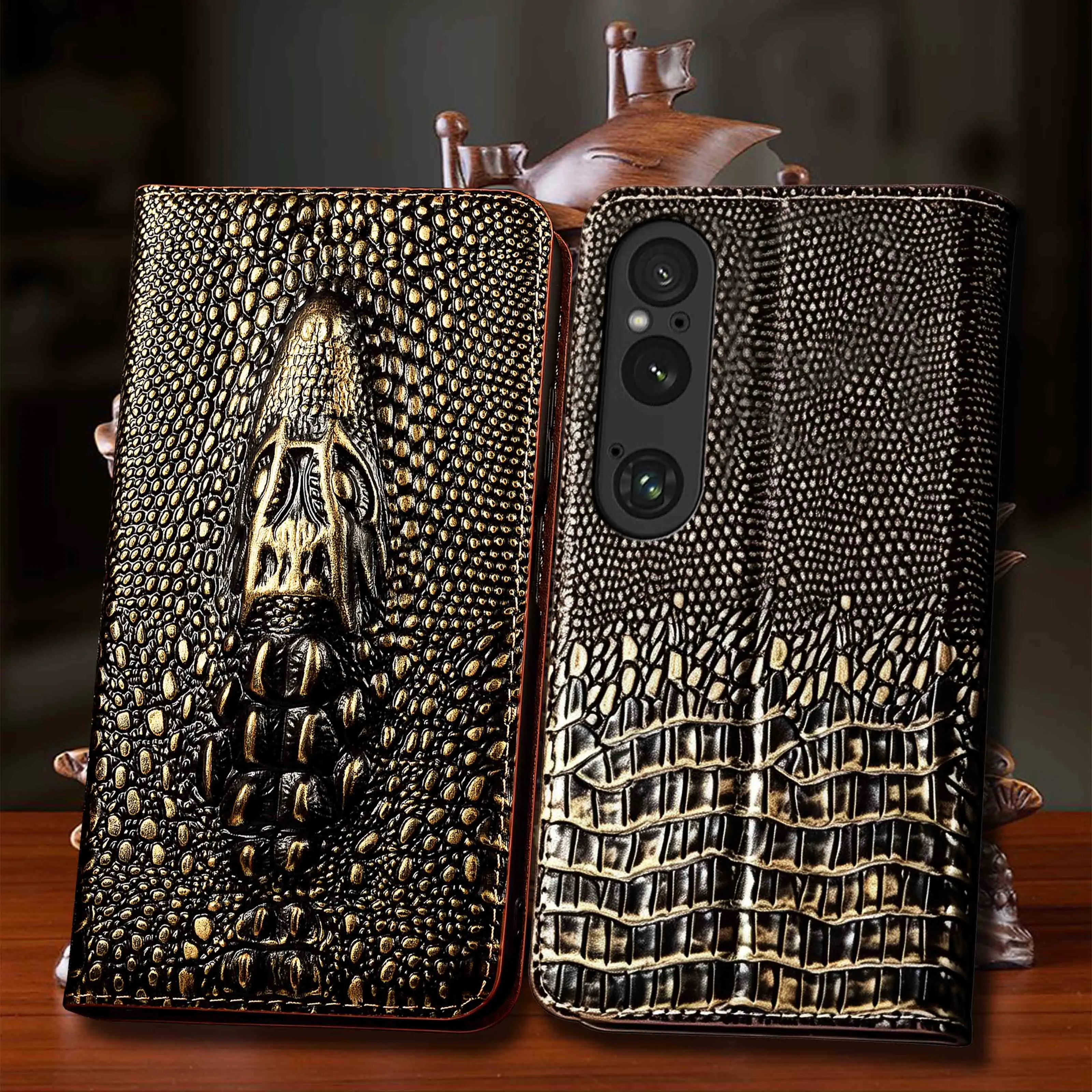 For Sony Xperia 1 5 10 II III IV V VI VII Vintage Crocodile Head Pattern Of Genuine Leather Flip Phone Case Cowhide Non-Slip
