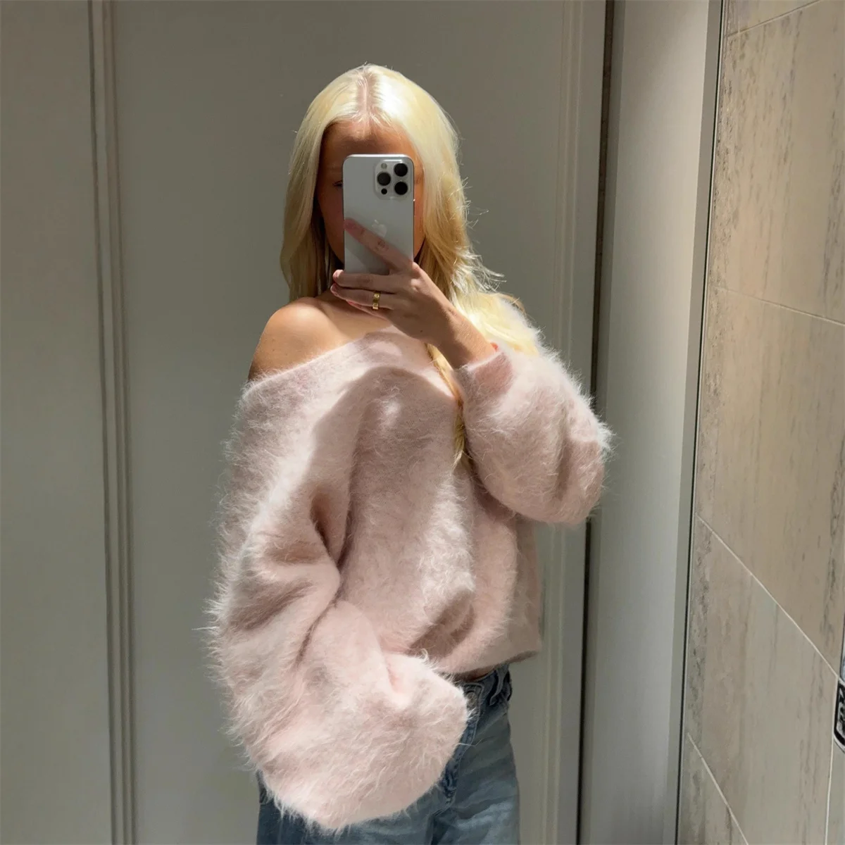 

Sweet Solid Off Shoulder Cropped Sweater Pullover Fashion Full Sleeve Loose Knitted Knitwear Lady High Street Autumn Sweaters