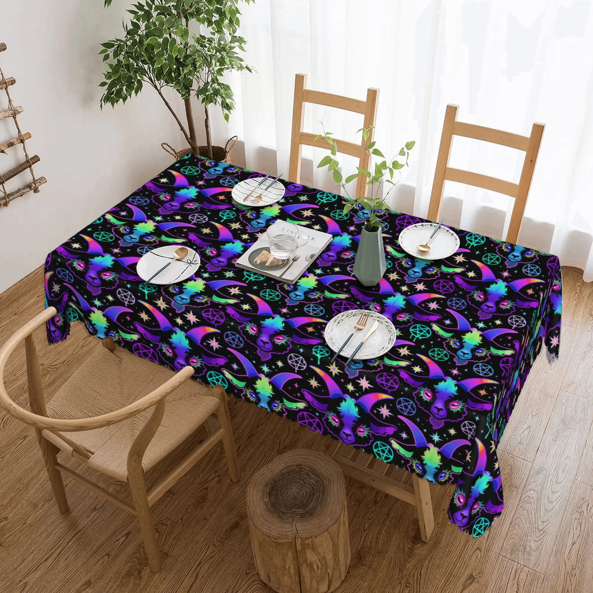 Nappe rectangulaire anti-taches Pastel Goth Baphomet, nappe d'occulte néon mignonne et effrayante pour pique-nique